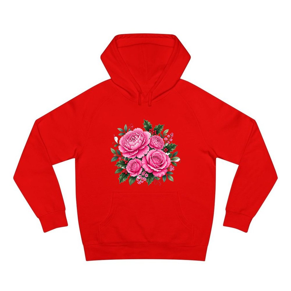 Pink Peonies And Roses personalised Christmas hoodie in red