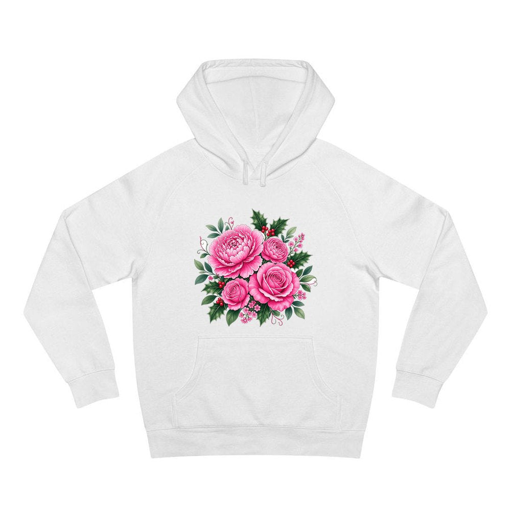 Pink Peonies And Roses personalised Christmas hoodie in white