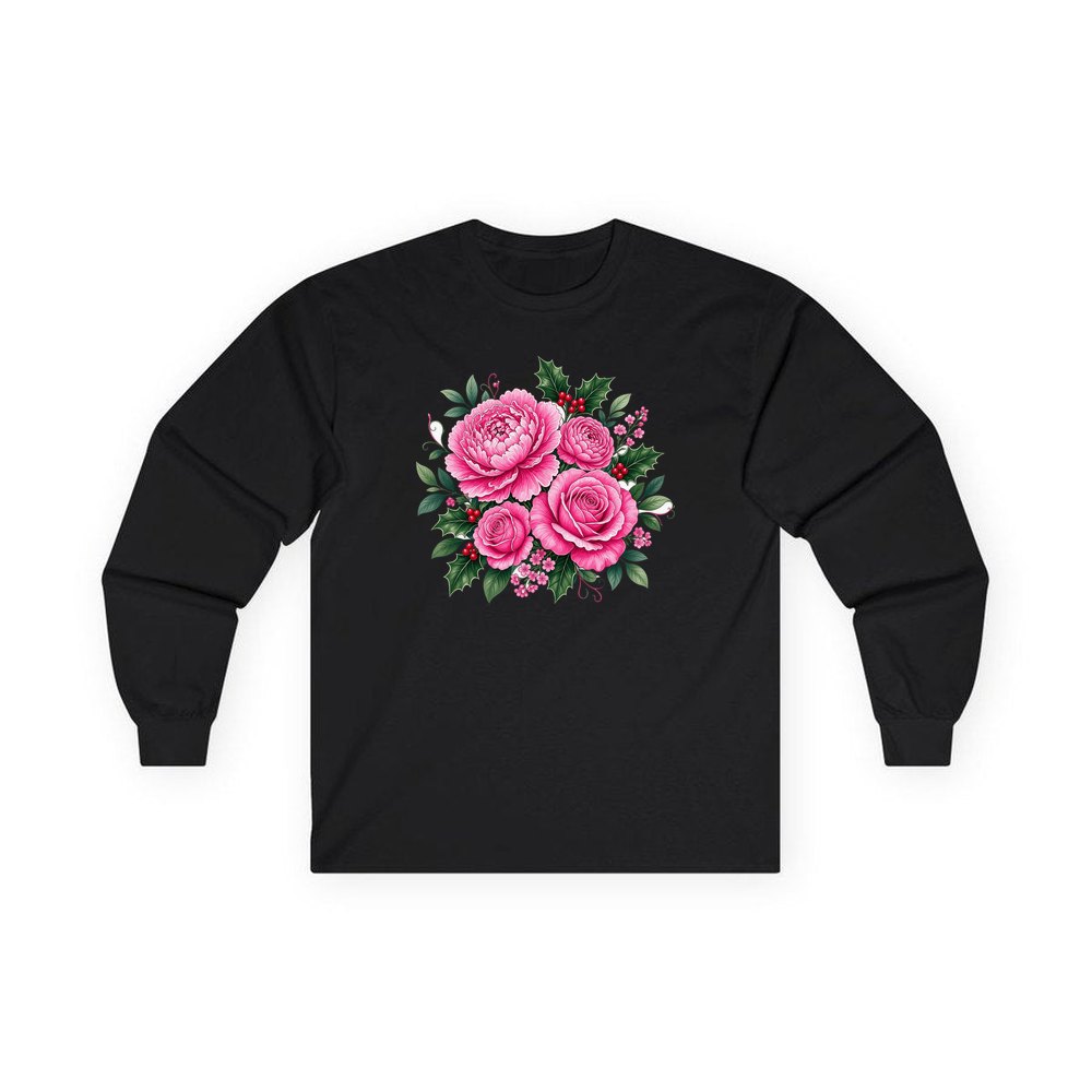 Pink Peonies And Roses personalised long sleeve Christmas T-shirt in black