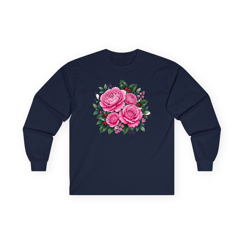 Pink Peonies And Roses personalised long sleeve Christmas T-shirt in navy