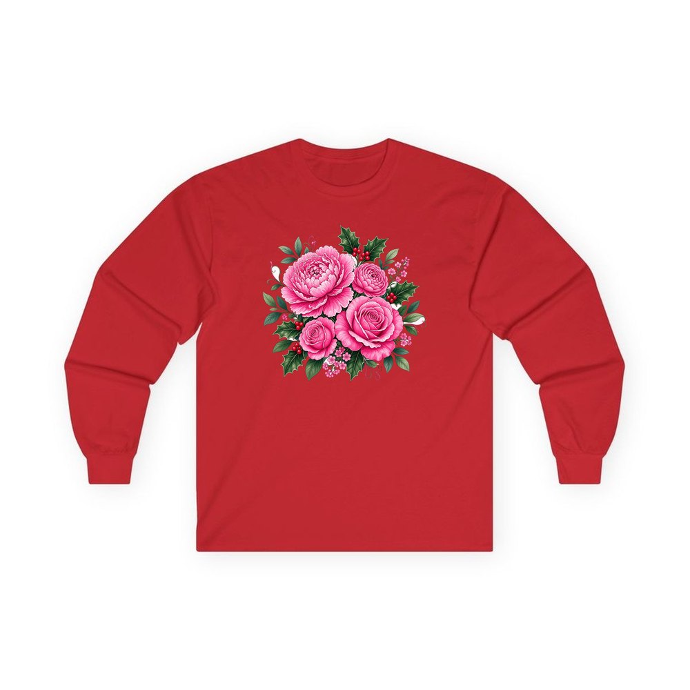 Pink Peonies And Roses personalised long sleeve Christmas T-shirt in red
