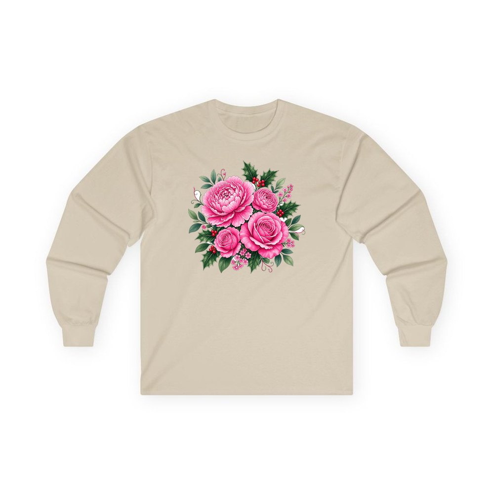 Pink Peonies And Roses personalised long sleeve Christmas T-shirt in sand