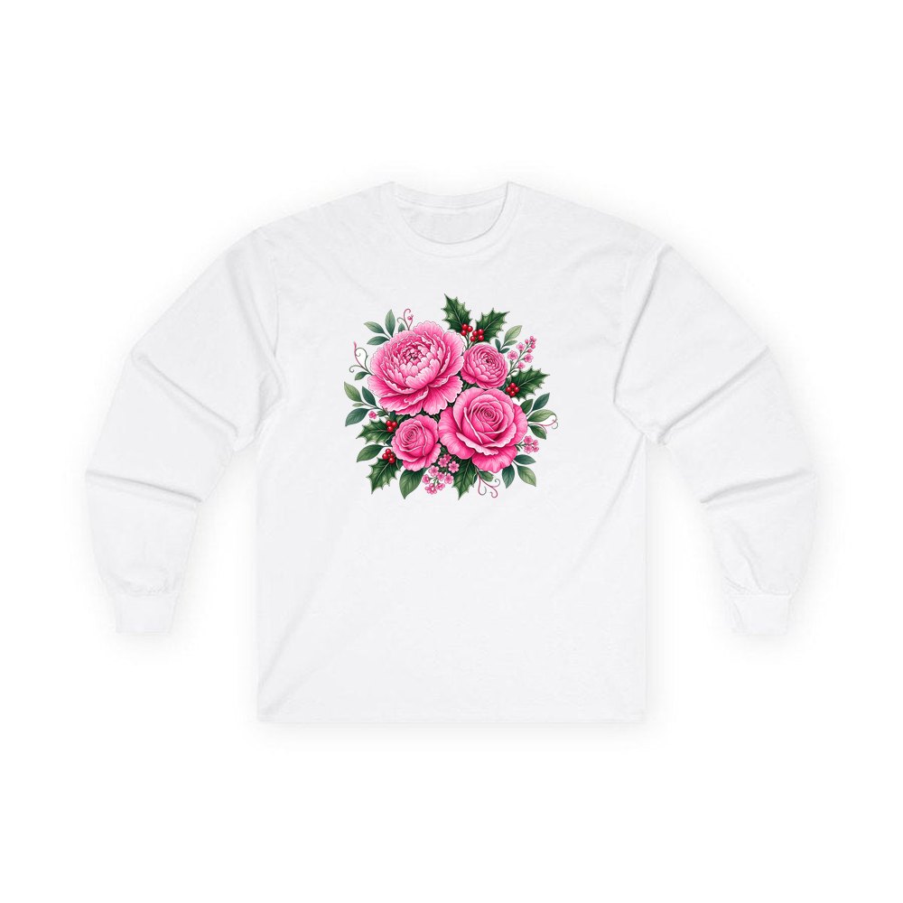 Pink Peonies And Roses personalised long sleeve Christmas T-shirt in white