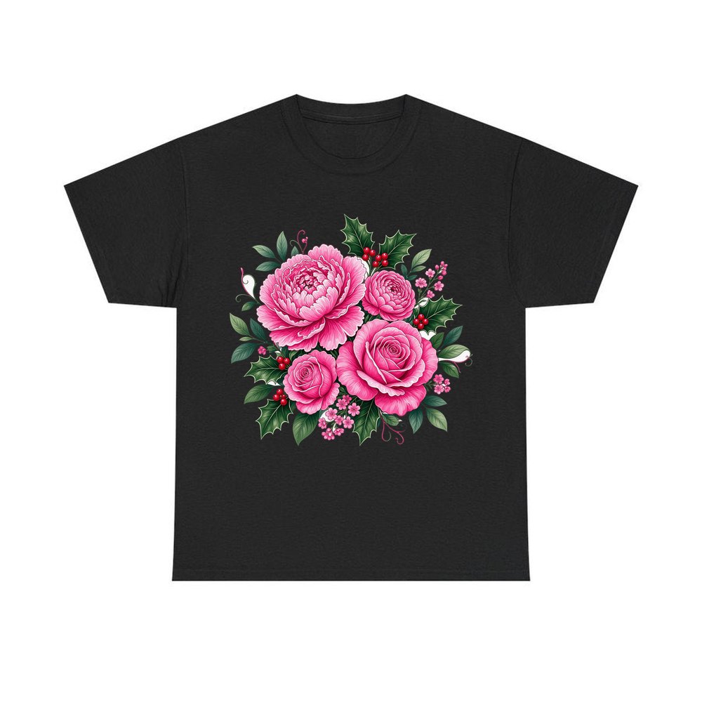 Pink Peonies And Roses personalised Christmas T-shirt in black