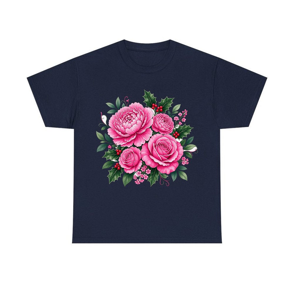 Pink Peonies And Roses personalised Christmas T-shirt in navy