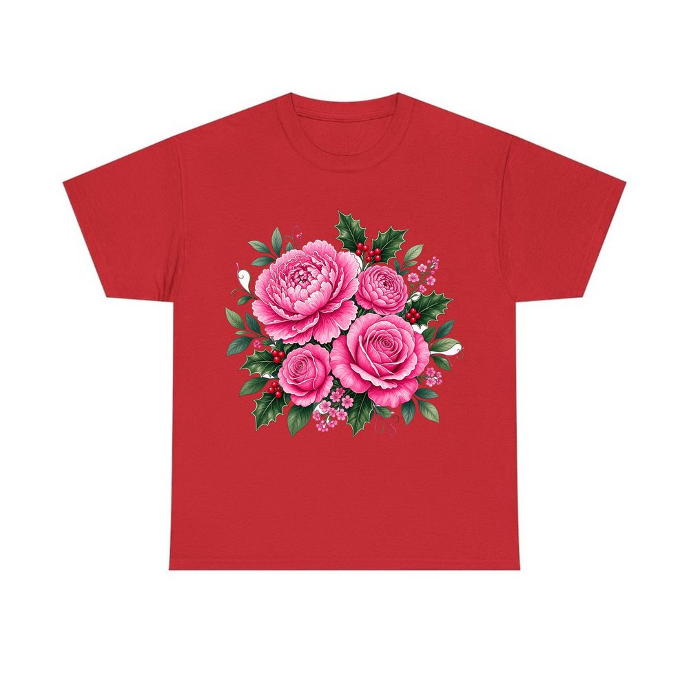 Pink Peonies And Roses personalised Christmas T-shirt in red