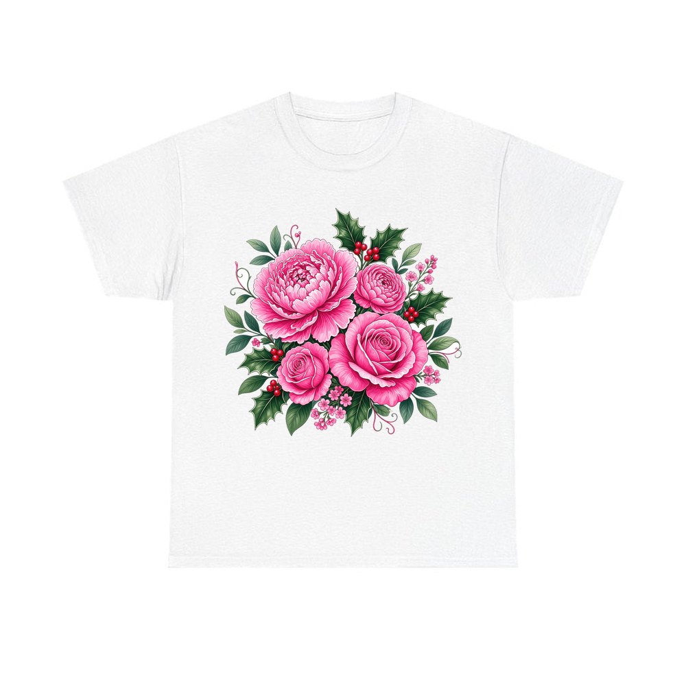 Pink Peonies And Roses personalised Christmas T-shirt in white