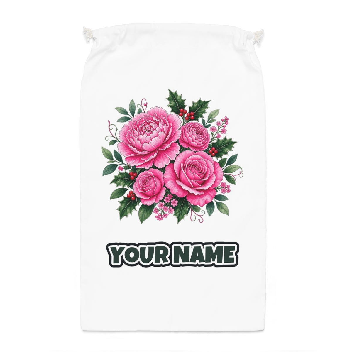 Pink Peonies And Roses Santa sack laid flat, showing the full print