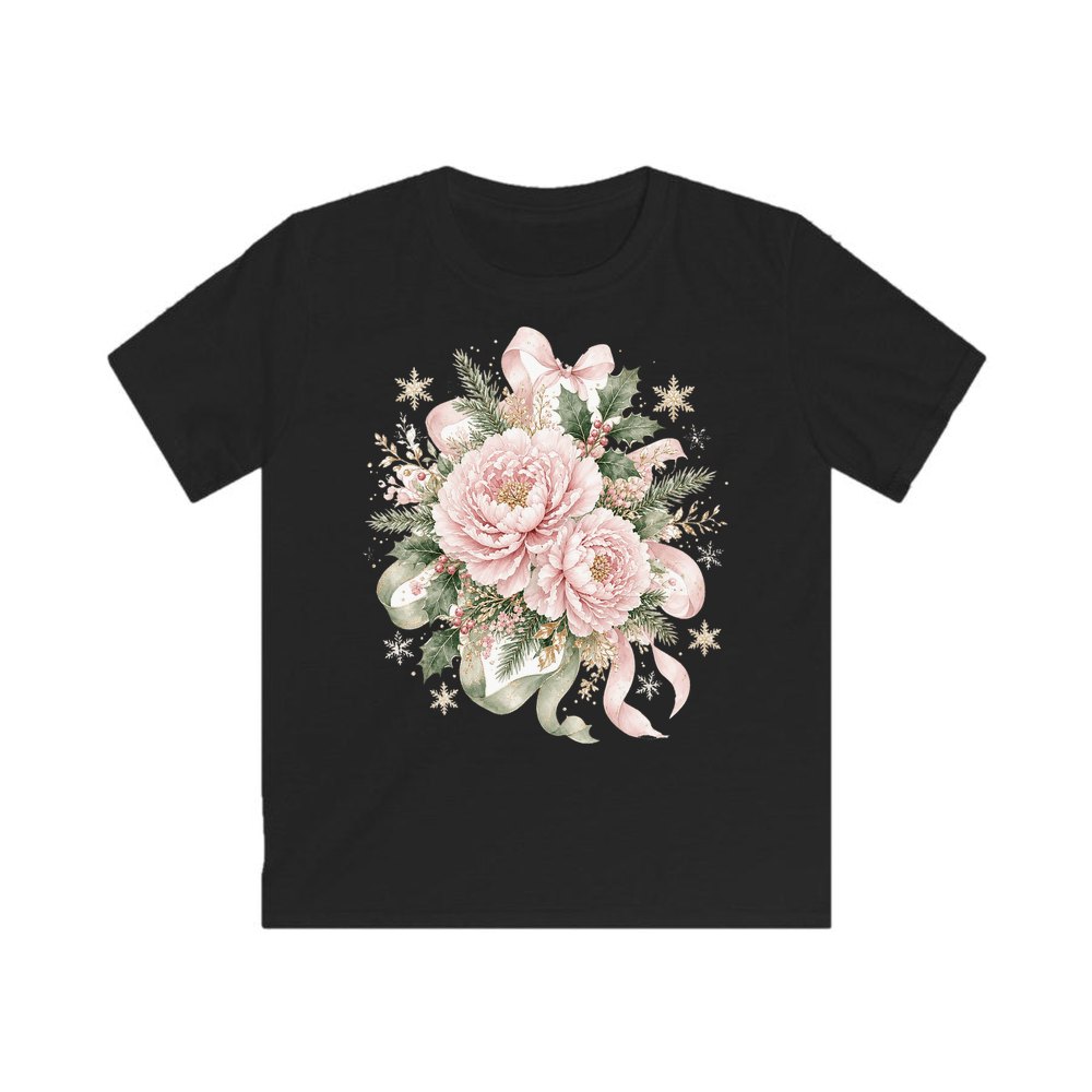 Pink Peony Christmas Bouquet personalised kids Christmas tee in black