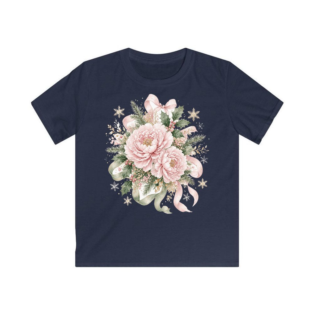 Pink Peony Christmas Bouquet personalised kids Christmas tee in navy