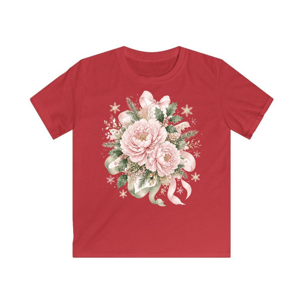 Pink Peony Christmas Bouquet personalised kids Christmas tee in red