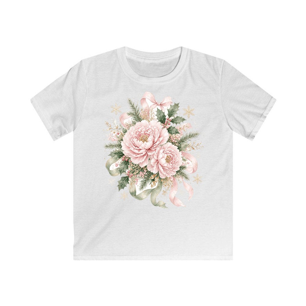Pink Peony Christmas Bouquet personalised kids Christmas tee in white