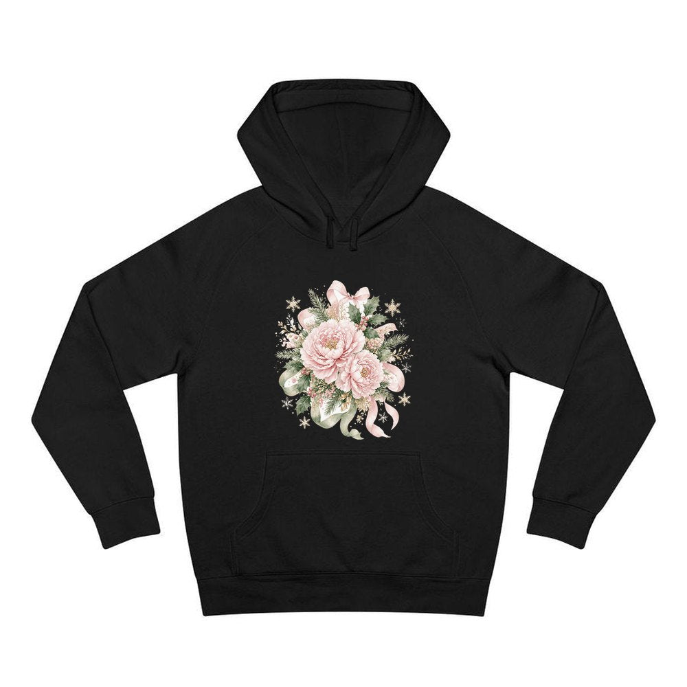 Pink Peony Christmas Bouquet personalised Christmas hoodie in black