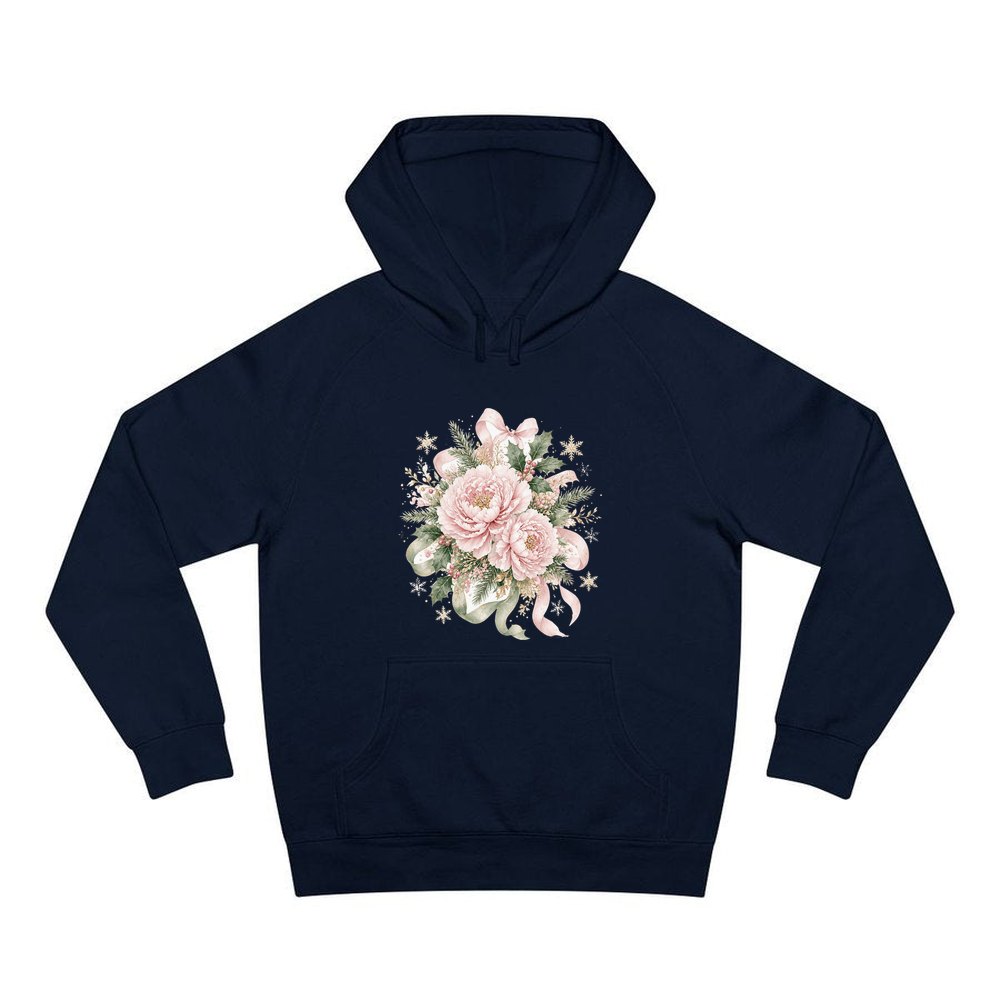 Pink Peony Christmas Bouquet personalised Christmas hoodie in navy