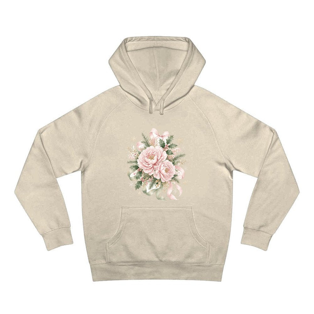 Pink Peony Christmas Bouquet personalised Christmas hoodie in sand