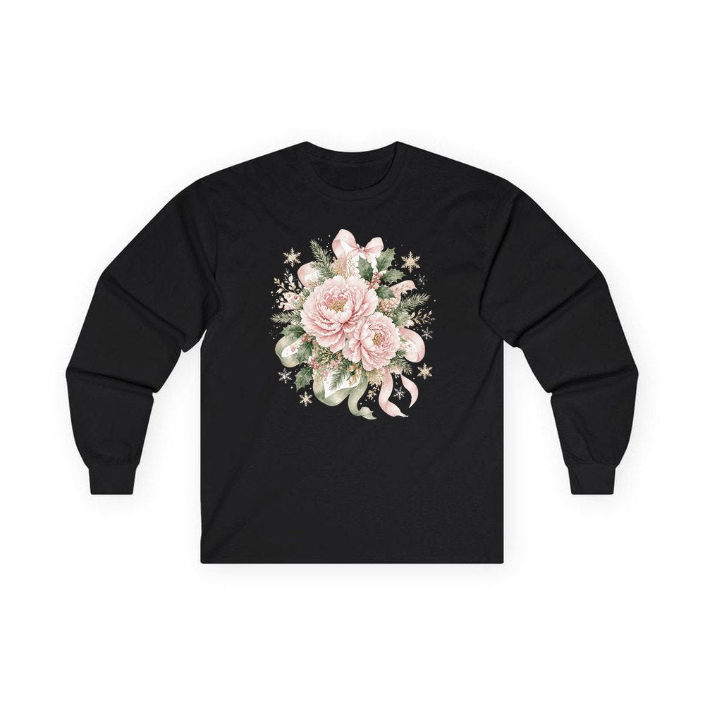 Pink Peony Christmas Bouquet personalised long sleeve Christmas T-shirt in black