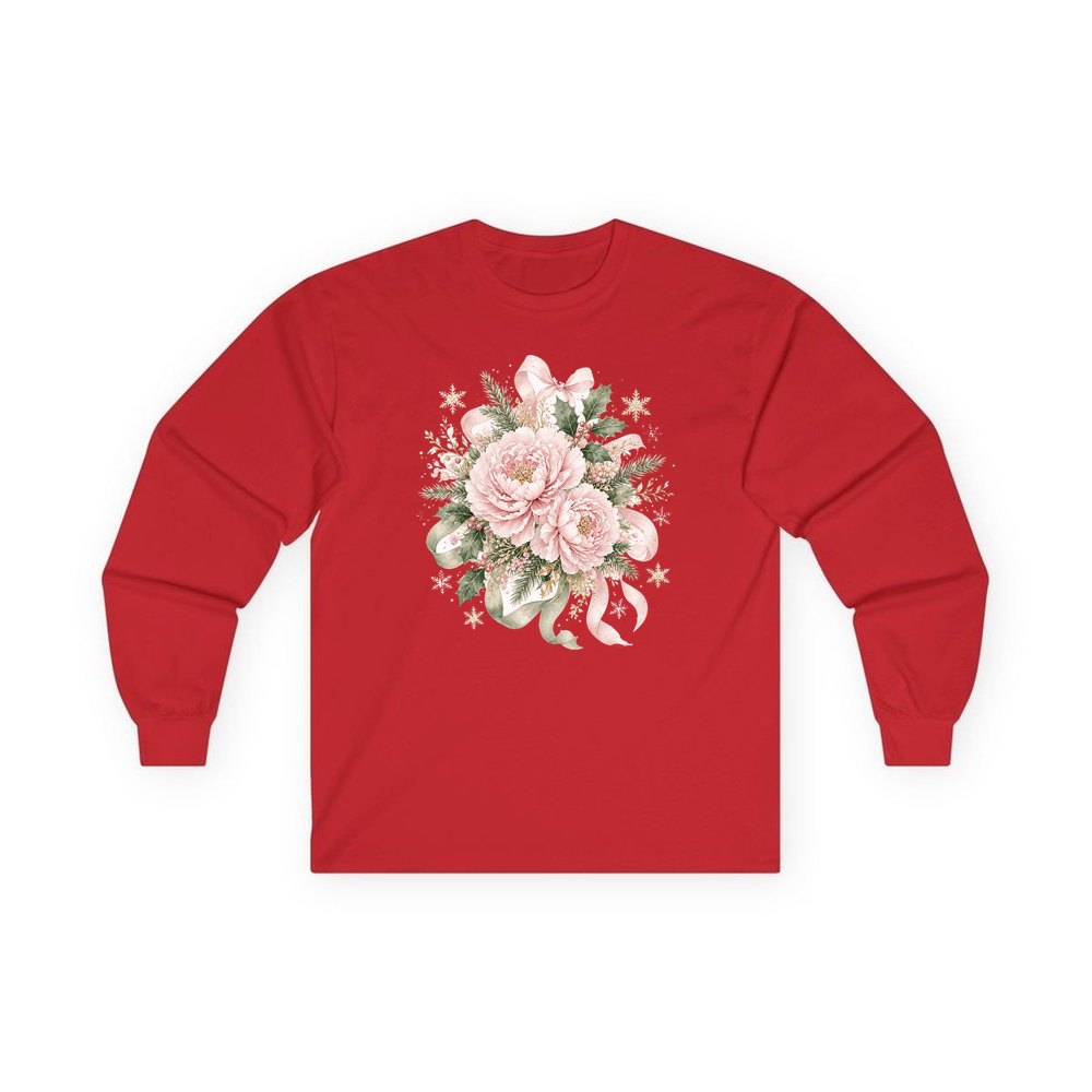 Pink Peony Christmas Bouquet personalised long sleeve Christmas T-shirt in red