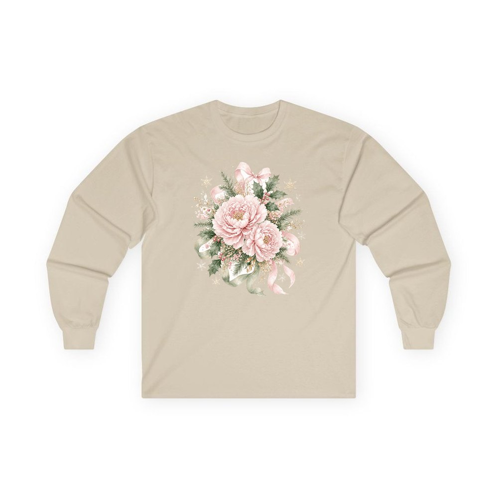 Pink Peony Christmas Bouquet personalised long sleeve Christmas T-shirt in sand