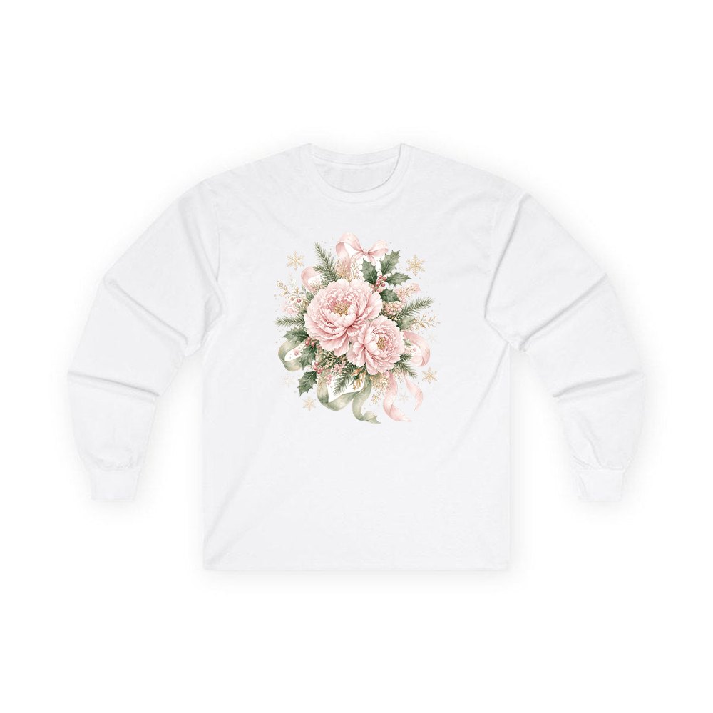 Pink Peony Christmas Bouquet personalised long sleeve Christmas T-shirt in white