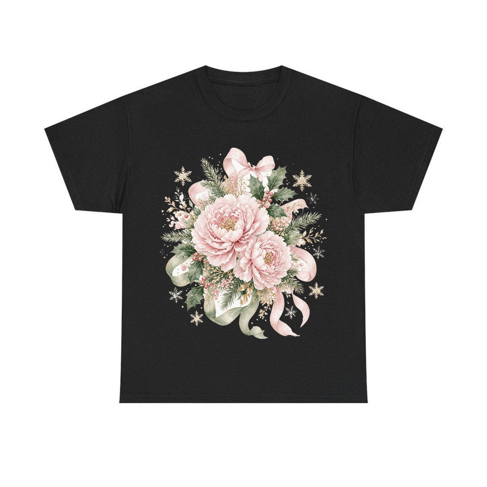 Pink Peony Christmas Bouquet personalised Christmas T-shirt in black