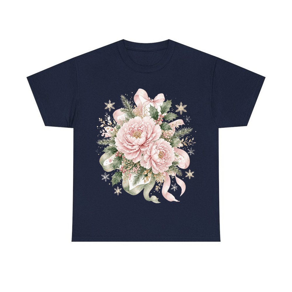 Pink Peony Christmas Bouquet personalised Christmas T-shirt in navy
