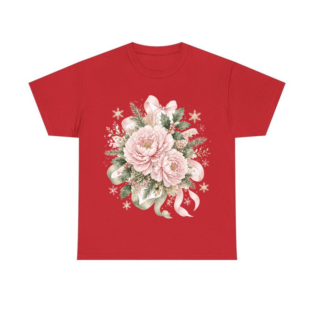 Pink Peony Christmas Bouquet personalised Christmas T-shirt in red