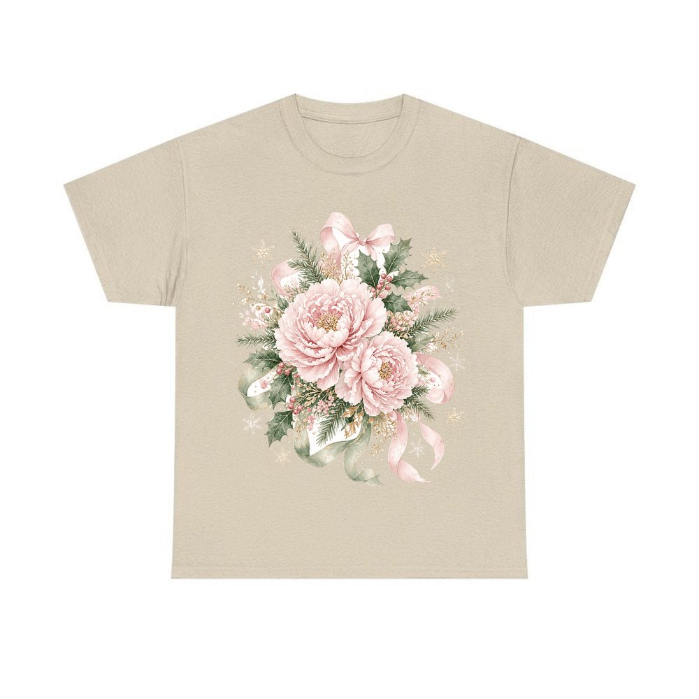 Pink Peony Christmas Bouquet personalised Christmas T-shirt in sand