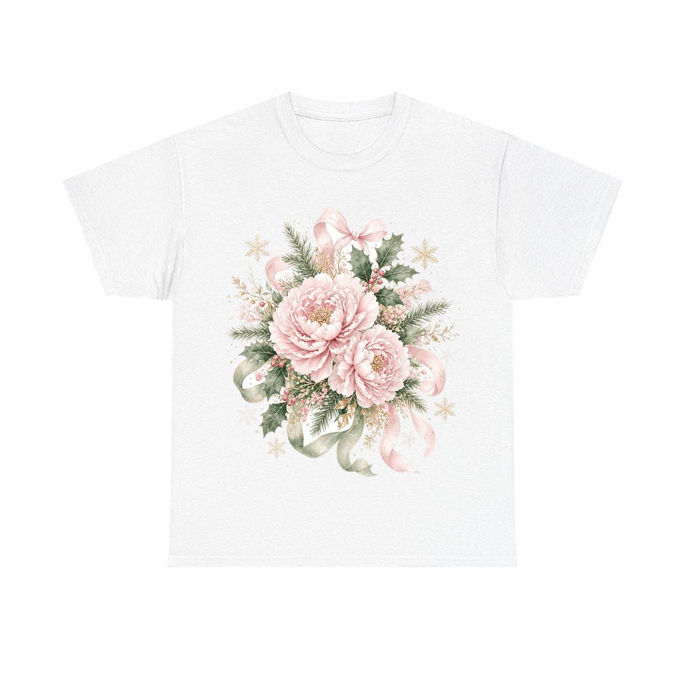 Pink Peony Christmas Bouquet personalised Christmas T-shirt in white