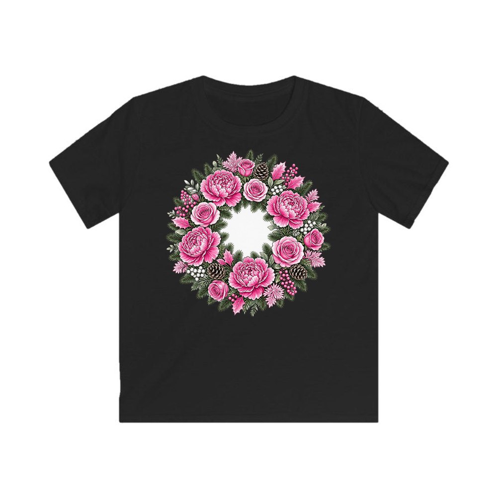Pink Peony Wreath personalised kids Christmas tee in black