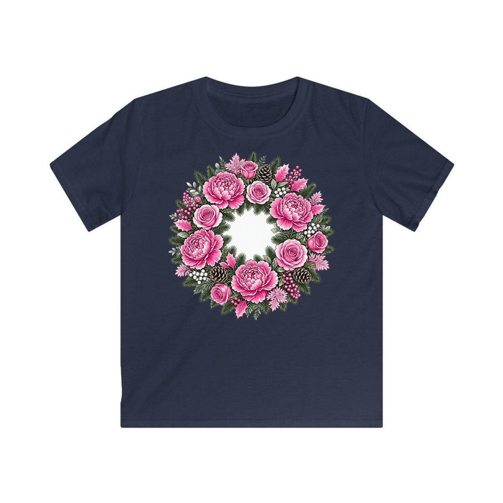 Pink Peony Wreath personalised kids Christmas tee in navy
