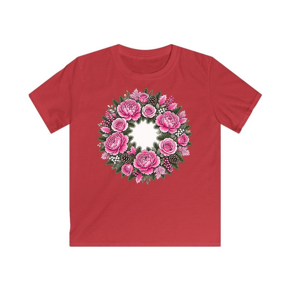 Pink Peony Wreath personalised kids Christmas tee in red