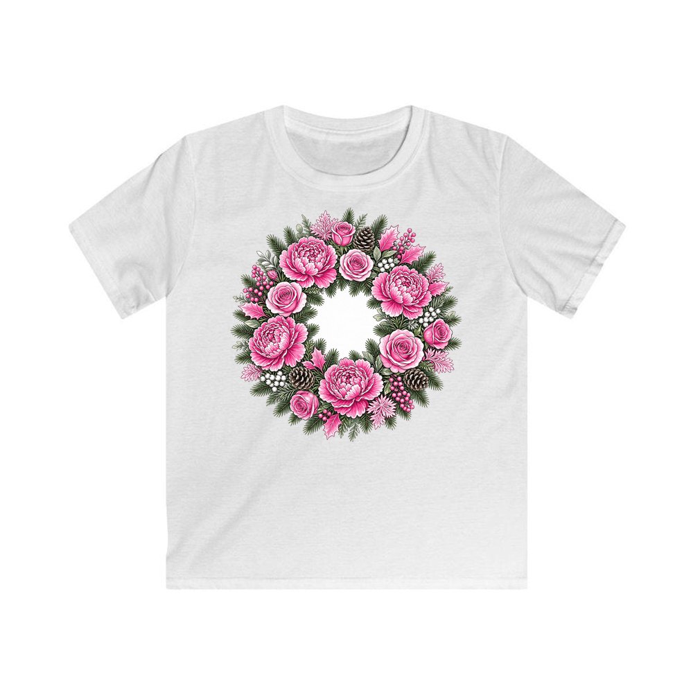 Pink Peony Wreath personalised kids Christmas tee in white