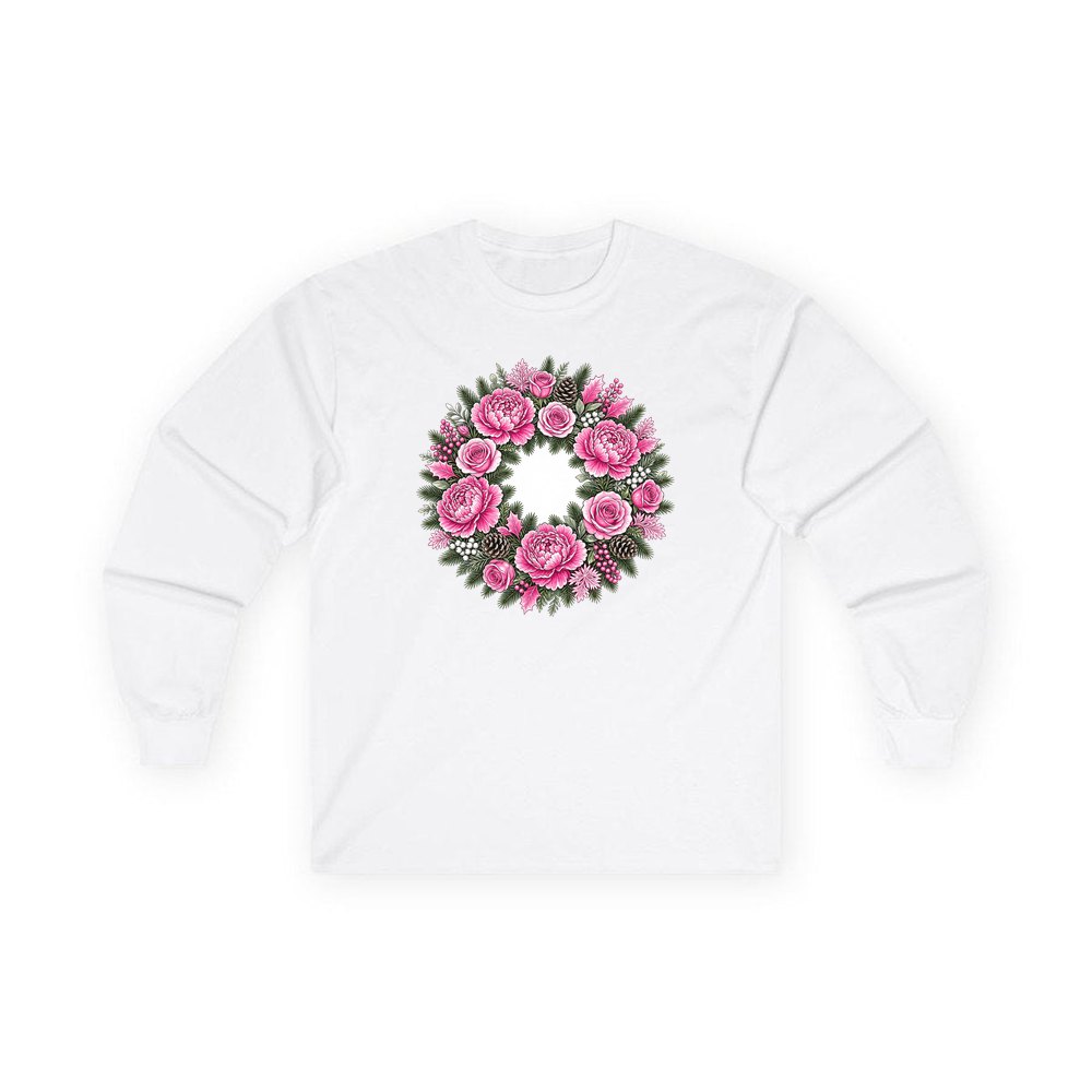 Pink Peony Wreath personalised long sleeve Christmas T-shirt in white