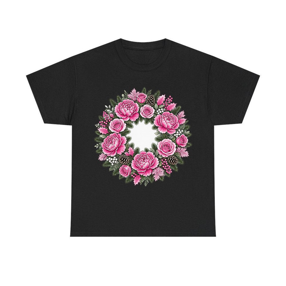 Pink Peony Wreath personalised Christmas T-shirt in black