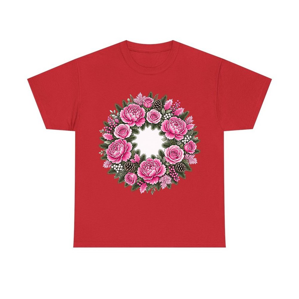Pink Peony Wreath personalised Christmas T-shirt in red