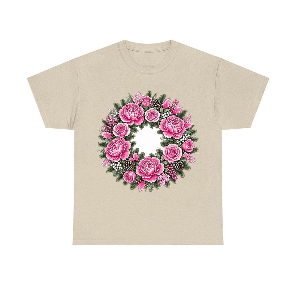 Pink Peony Wreath personalised Christmas T-shirt in sand