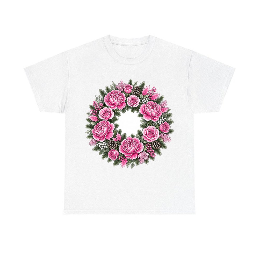 Pink Peony Wreath personalised Christmas T-shirt in white