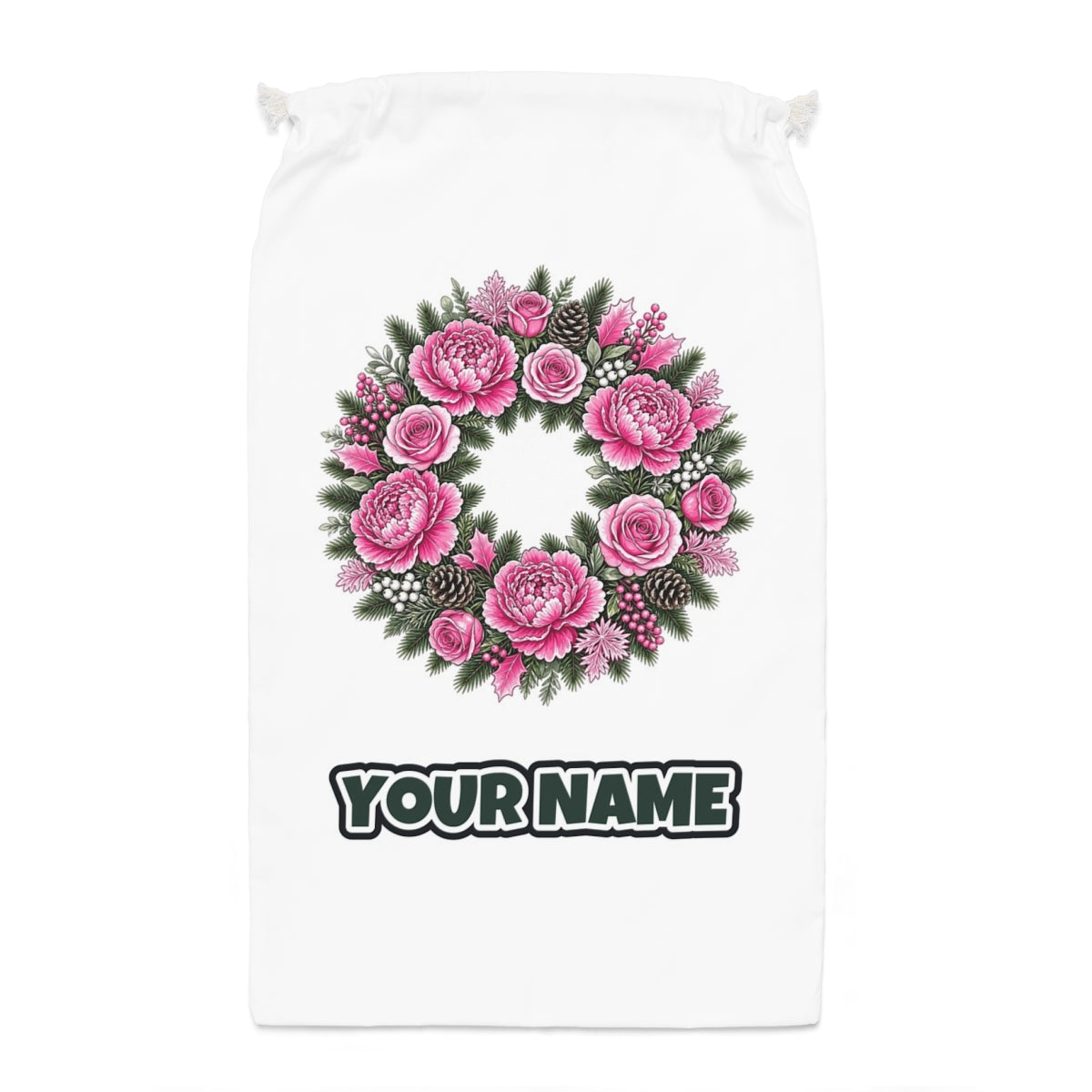 Pink Peony Wreath Santa sack laid flat, showing the full print