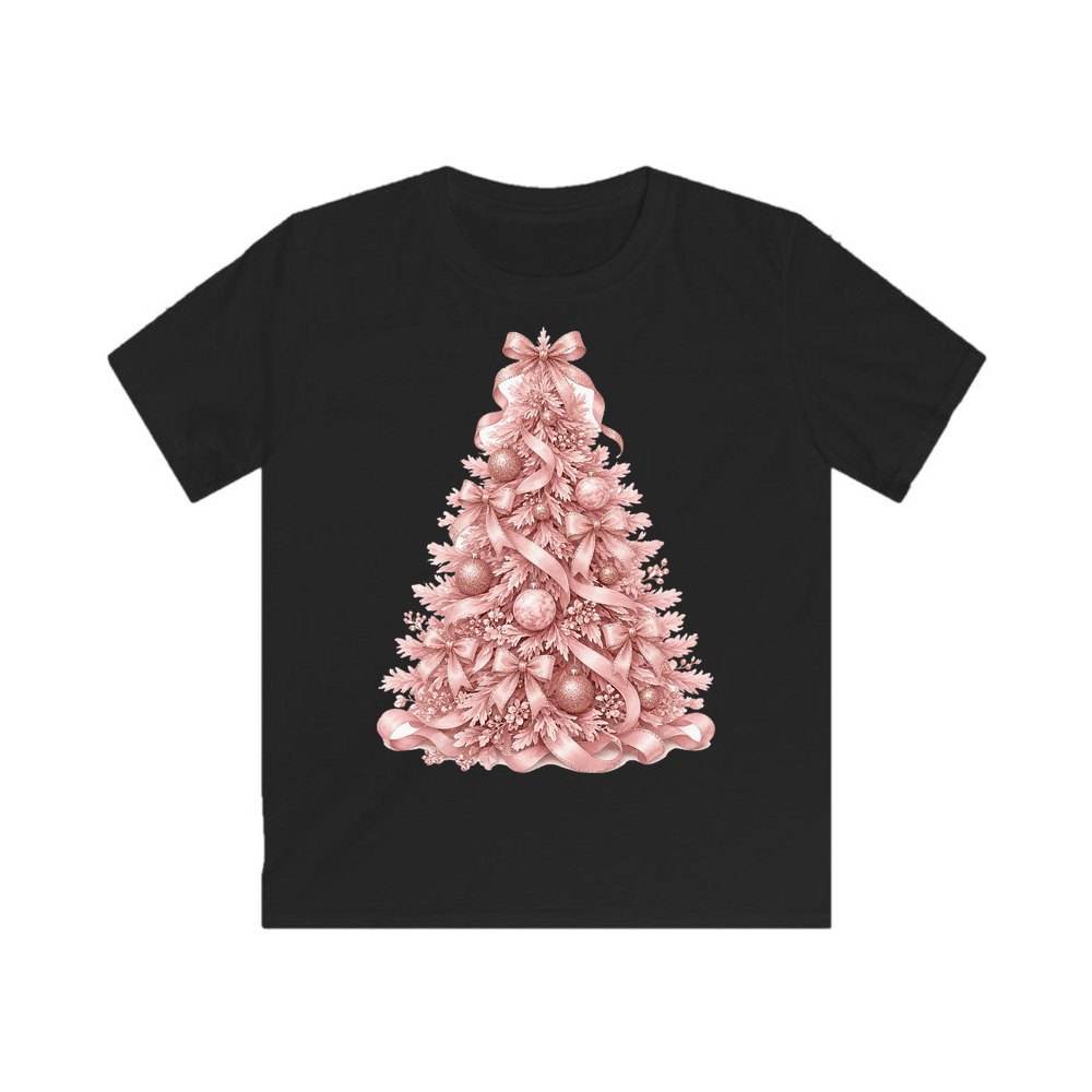 Pink Ribbon Christmas Tree personalised kids Christmas tee in black