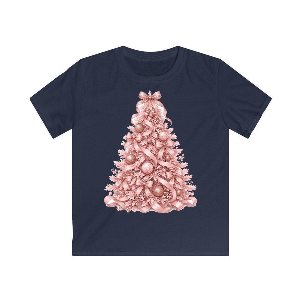 Pink Ribbon Christmas Tree personalised kids Christmas tee in navy