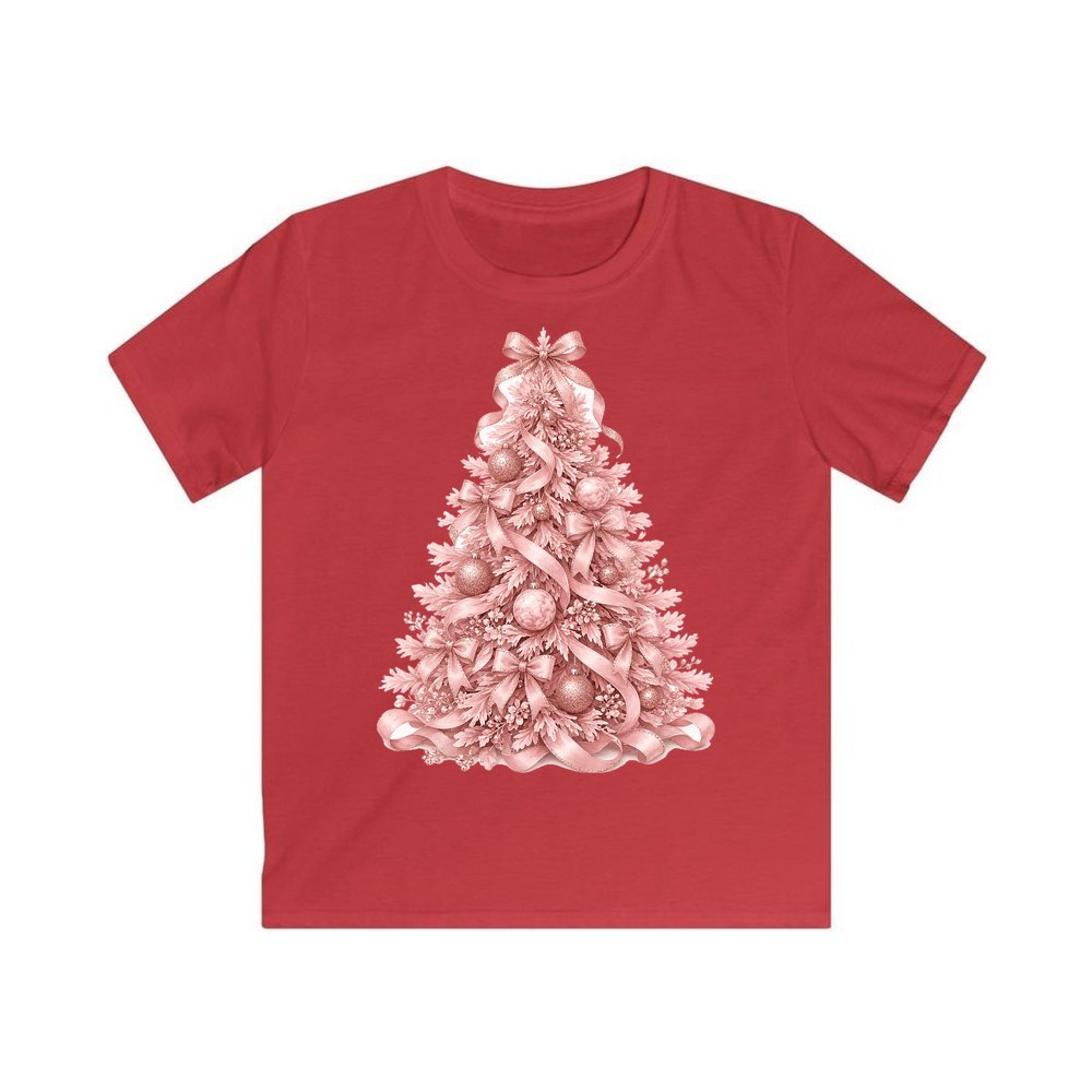 Pink Ribbon Christmas Tree personalised kids Christmas tee in red