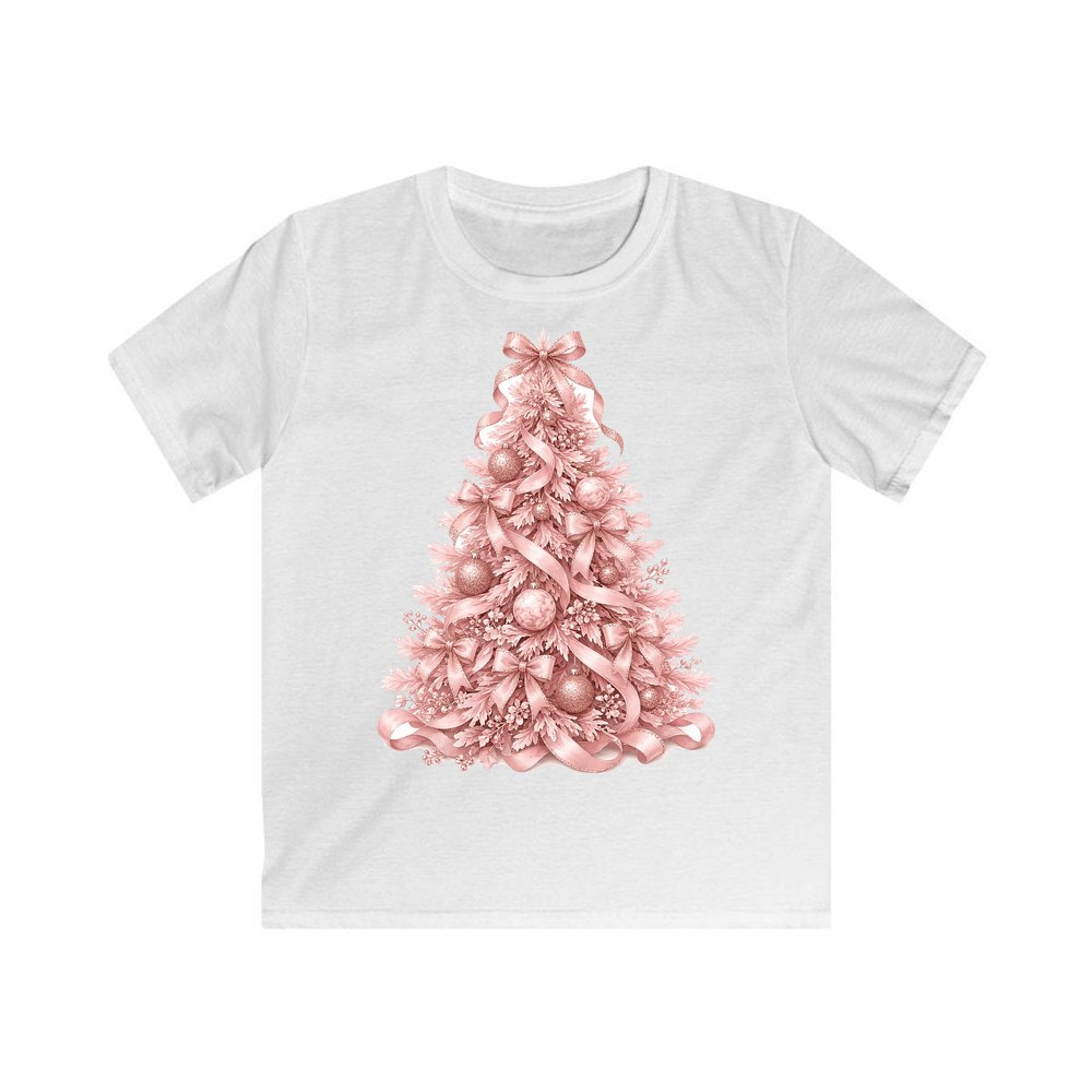 Pink Ribbon Christmas Tree Kids Christmas Tee design on a white kids tee