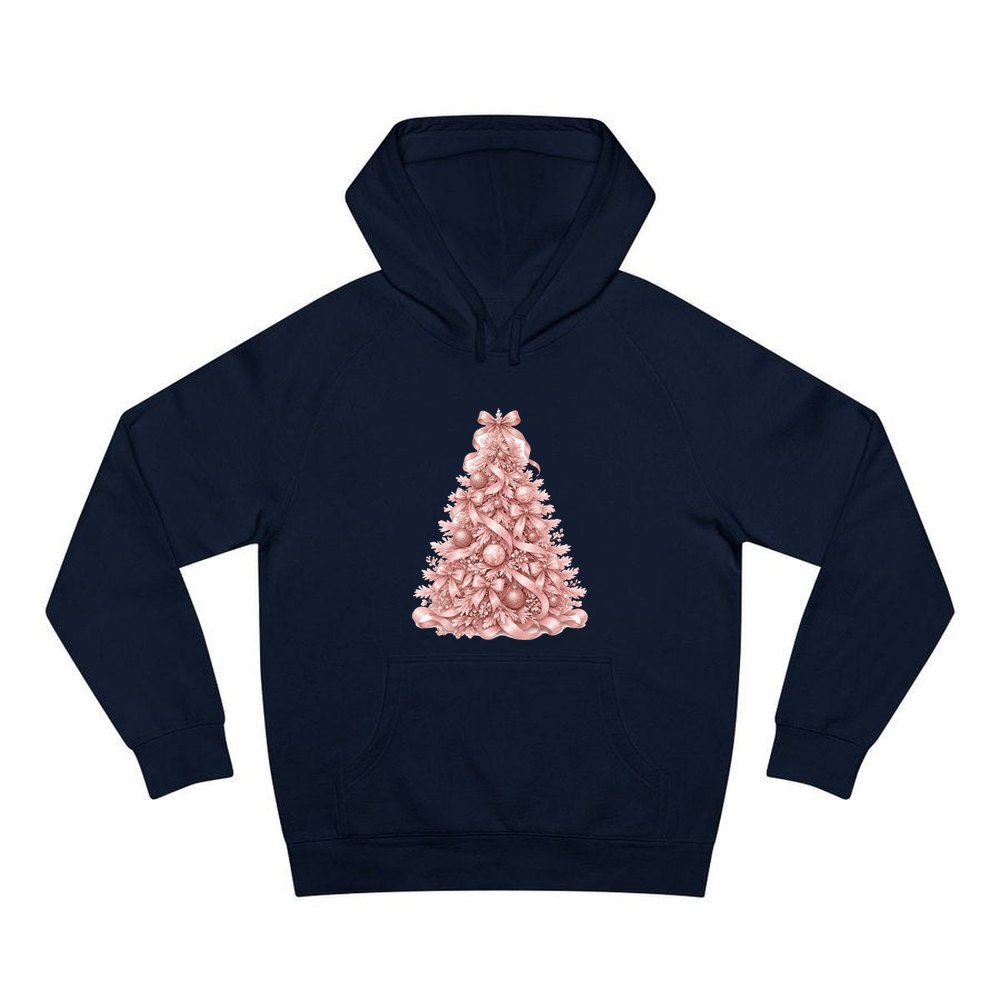 Pink Ribbon Christmas Tree personalised Christmas hoodie in navy