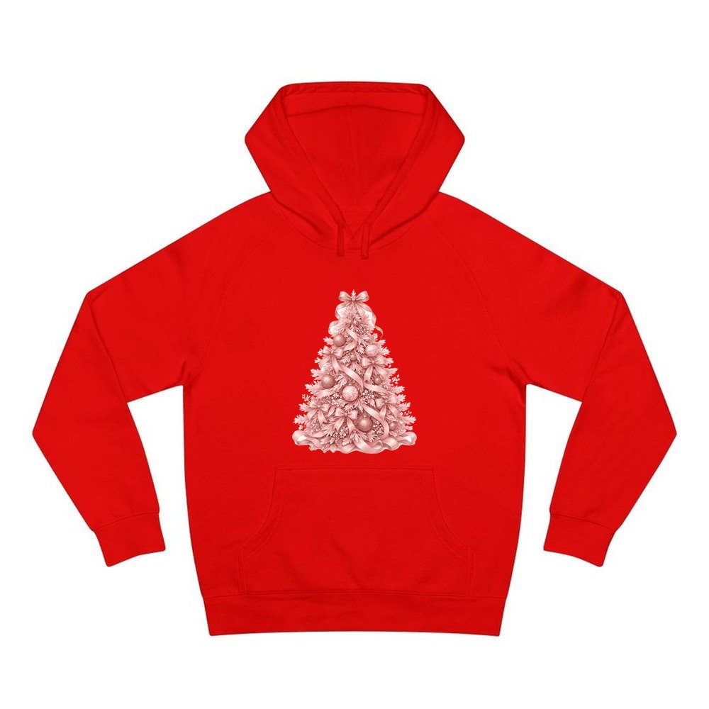 Pink Ribbon Christmas Tree personalised Christmas hoodie in red