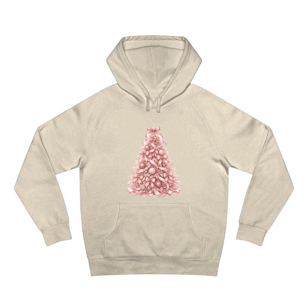Pink Ribbon Christmas Tree personalised Christmas hoodie in sand