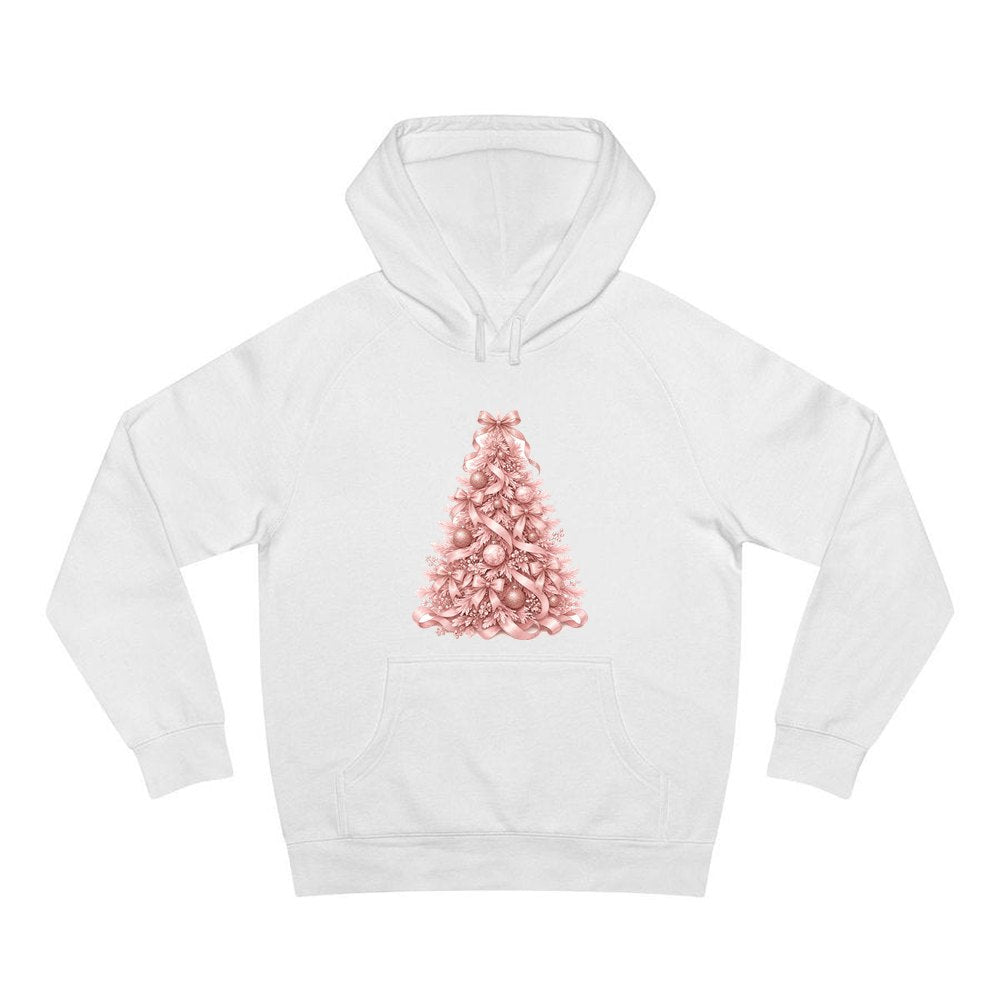 Pink Ribbon Christmas Tree personalised Christmas hoodie in white