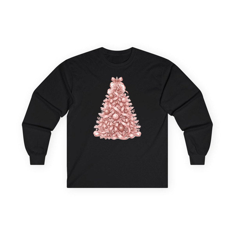 Pink Ribbon Christmas Tree personalised long sleeve Christmas T-shirt in black
