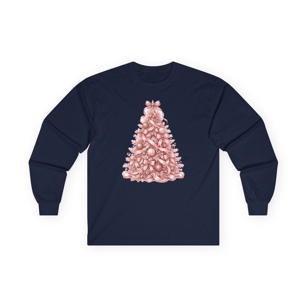 Pink Ribbon Christmas Tree personalised long sleeve Christmas T-shirt in navy