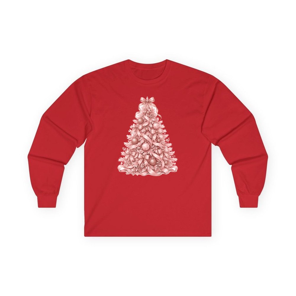 Pink Ribbon Christmas Tree personalised long sleeve Christmas T-shirt in red