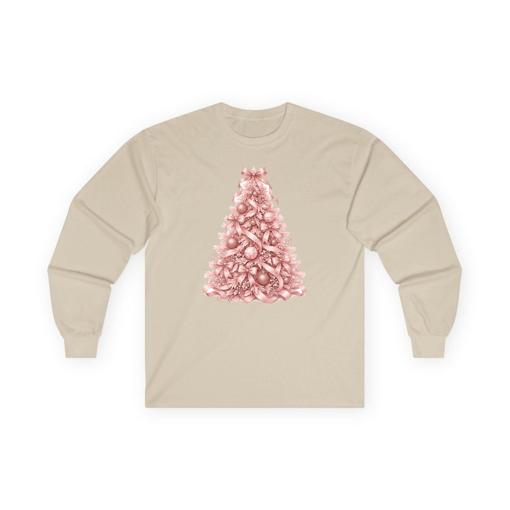 Pink Ribbon Christmas Tree personalised long sleeve Christmas T-shirt in sand